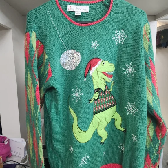 Green Dinosaur Christmas Sweater - Picture 1 of 3